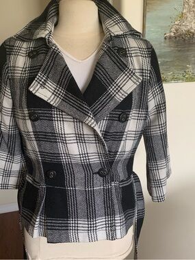 Calvin Klein Jeans Black & White Plaid Double-Breasted Peacoat, with 3/4 sleeves